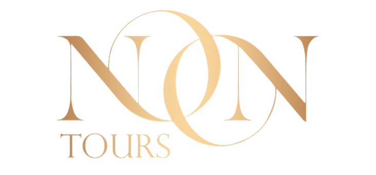 Noon Travel logo, orange triangular shapes resembling a stylized bird in flight, on a white background